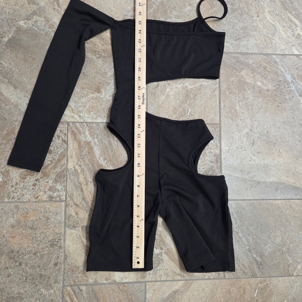 Black One Shoulder Cutout Romper Jumpsuit Asymmetric Long Sleeve Festival S - Picture 3 of 6
